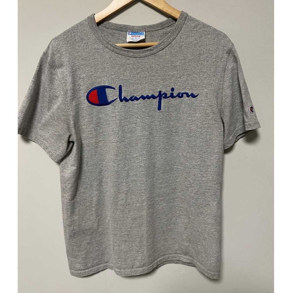 Champion T-Shirt Mens Medium Gray Pre-owned Script Logo Short Sleeve Tee